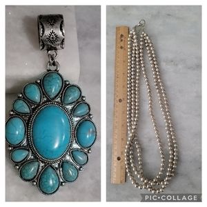 Turquoise look necklace pendant & Silver beaded necklace